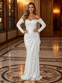 Sparkly Sequin Mermaid Off Shoulder Long Evening Dresses with Ruffles