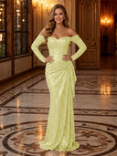 Sparkly Sequin Mermaid Off Shoulder Long Evening Dresses with Ruffles