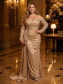 Sparkly Sequin Mermaid Off Shoulder Long Evening Dresses with Train