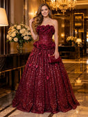 Sparkly Sequin A Line Strapless Long Evening Dresses with Flowers