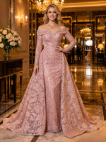 Lace Appliques Mermaid Off Shoulder Long Evening Dresses with Train