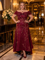 Sequin Mermaid Off Shoulder Long Evening Dresses with Bow