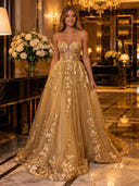Sparkly Tulle A Line Strapless Long Evening Dresses