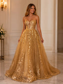 Sparkly Tulle A Line Strapless Long Evening Dresses