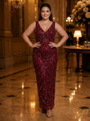Sparkly Sequin Mermaid V Neck Long Evening Dresses