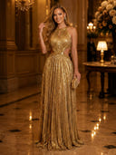 Sequin A Line Halter Sleeveless Long Evening Dresses