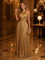 Sequin A Line Halter Sleeveless Long Evening Dresses