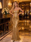 Sequin Mermaid Halter Sleeveless Long Evening Dresses with Corset