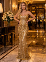 Sequin Mermaid Halter Sleeveless Long Evening Dresses with Corset