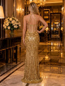 Sequin Mermaid Halter Sleeveless Long Evening Dresses with Corset