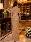 Sequin Mermaid Off Shoulder Long Evening Dresses with Slit