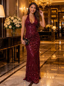 Glitter Sequin Mermaid Halter Long Evening Dresses