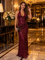 Glitter Sequin Mermaid Halter Long Evening Dresses