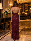Glitter Sequin Mermaid Halter Long Evening Dresses