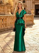 Satin Mermaid V Neck Short Sleeves Long Evening Dresses with Lace