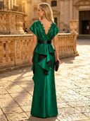 Satin Mermaid V Neck Short Sleeves Long Evening Dresses with Lace