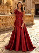 Satin A Line One Shoulder Long Evening Dresses with Bow