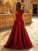 Satin A Line One Shoulder Long Evening Dresses with Bow