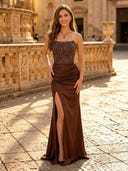 Satin Mermaid Strapless Long Evening Dresses with Slit