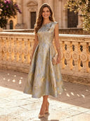 Floral A Line Boat Neck Long Evening Dresses