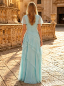 Chiffon Mermaid Boat Neck Long Evening Dresses with Tiered