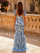Floral Print Mermaid Sweetheart Long Evening Dresses with Tiered