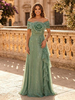 Sequin A Line Off Shoulder Long Evening Dresses with Ruffles