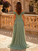 Sequin A Line Off Shoulder Long Evening Dresses with Ruffles