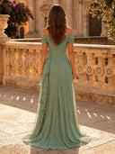 Sequin A Line Off Shoulder Long Evening Dresses with Ruffles