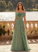 Sequin A Line Off Shoulder Long Evening Dresses with Ruffles