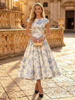 Floral Print A Line Short Sleeves Long Formal Dresses