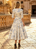 Floral Print A Line Short Sleeves Long Formal Dresses