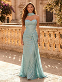 Sparkly Sequin Mermaid Strapless Long Evening Dresses with Scarf