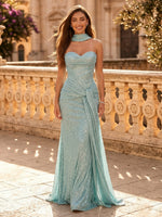 Sparkly Sequin Mermaid Strapless Long Evening Dresses with Scarf