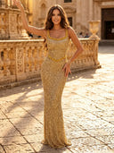 Sequin Mermaid Spaghetti Straps Long Evening Dresses with Slit