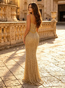 Sequin Mermaid Spaghetti Straps Long Evening Dresses with Slit
