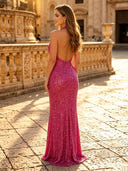 Sparkly Sequin Mermaid Halter Long Evening Dresses with Slit