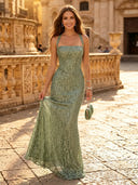 Sparkly Sequin Mermaid Square Neck Long Evening Dresses