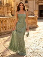 Sparkly Sequin Mermaid Square Neck Long Evening Dresses