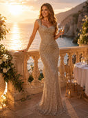Sparkly Sequin Mermaid Spaghetti Straps Long Evening Dresses