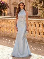 Satin Mermaid Sleeveless Long Evening Dresses with Beadings