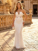 Sparkly Tulle Mermaid Strapless Long Evening Dresses with Flowers