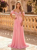 Chiffon A Line Off Shoulder Long Evening Dresses with Sequin
