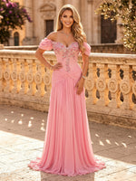 Chiffon A Line Off Shoulder Long Evening Dresses with Sequin