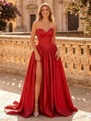 Satin A Line Strapless Sleeveless Long Evening Dresses with Slit