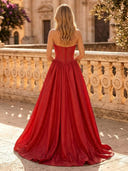 Satin A Line Strapless Sleeveless Long Evening Dresses with Slit
