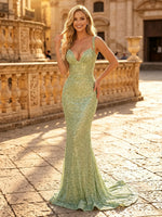 Sequin Mermaid Spaghetti Straps Long Evening Dresses