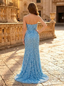 Glitter Sequin Mermaid Strapless Sleeveless Long Evening Dresses with Slit