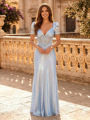 Satin Mermaid V Neck Short Sleeves Long Evening Dresses