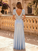 Satin Mermaid V Neck Short Sleeves Long Evening Dresses